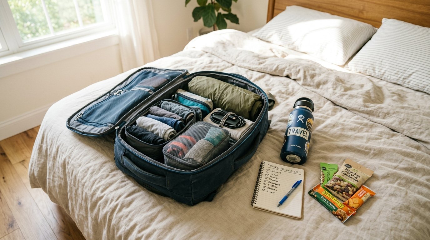 Open navy blue backpack on a bed with packed cubes, a water bottle, a packing list, and several food items.