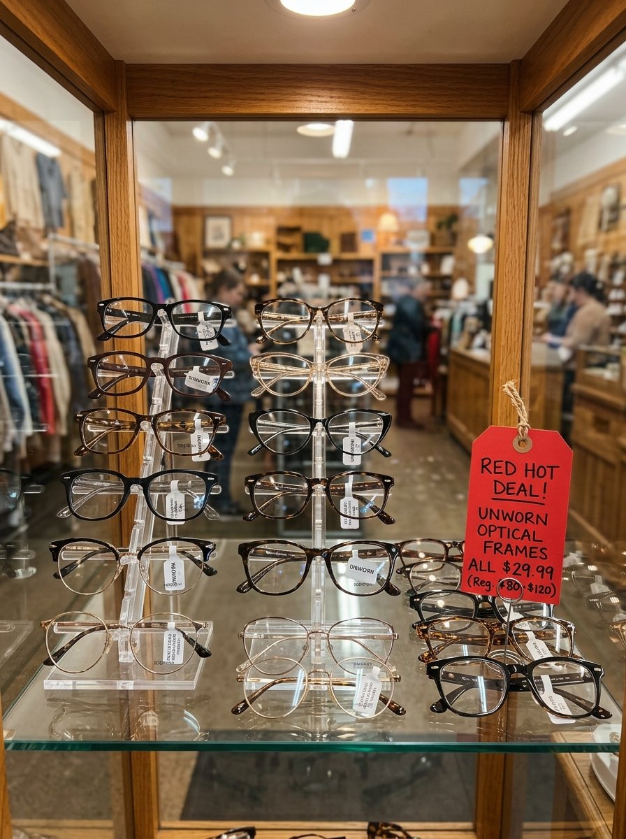 Close-up of a retail display case holding various eyewear frames with a red sale tag.