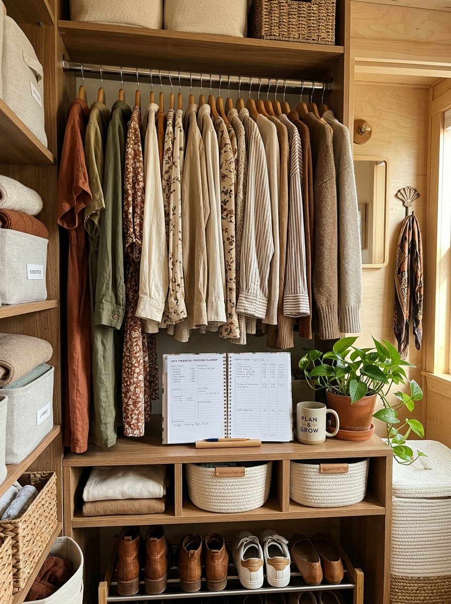 A tidy walk-in closet with neutral clothing, a financial planner, and a small potted plant on a wooden shelf.