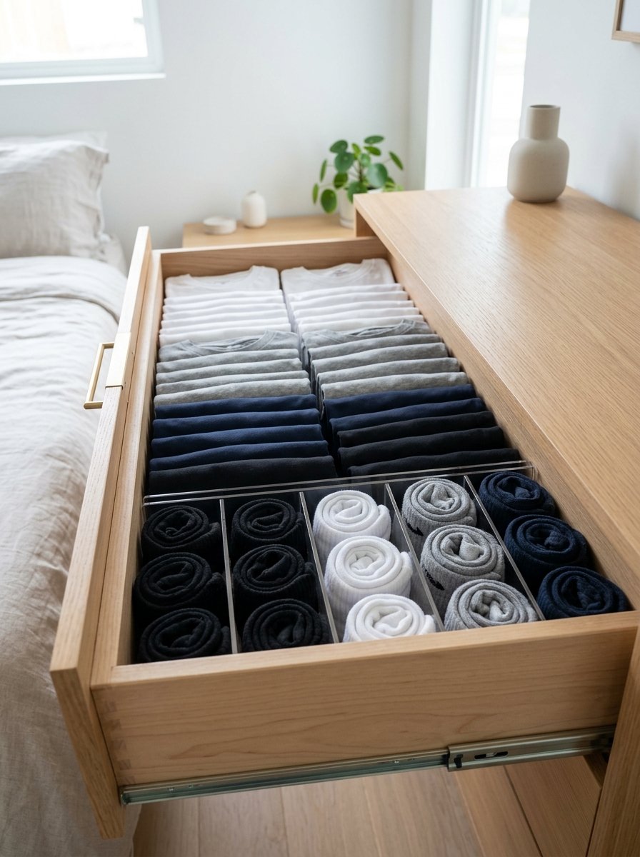 An open wooden dresser drawer showing rows of folded shirts and neatly rolled socks in plastic organizers.