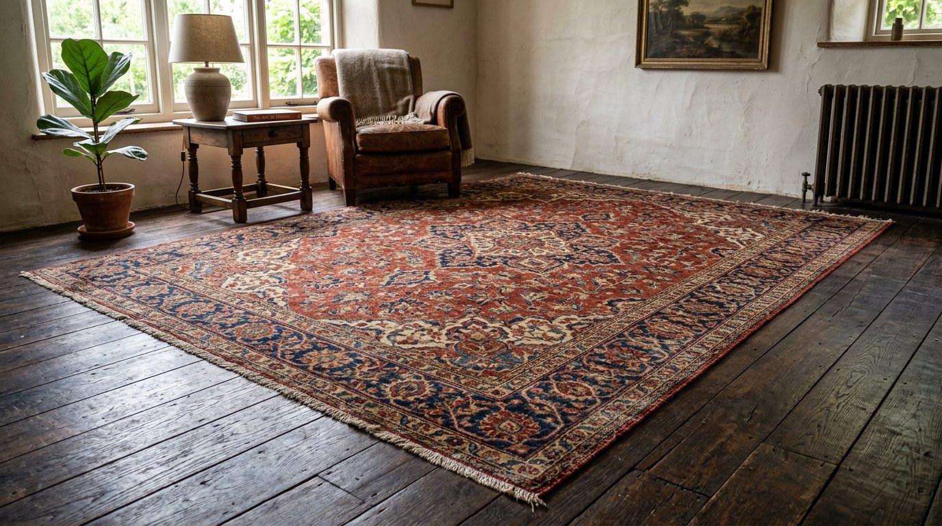 Large red and blue patterned area rug centered in a rustic living room with a leather armchair.