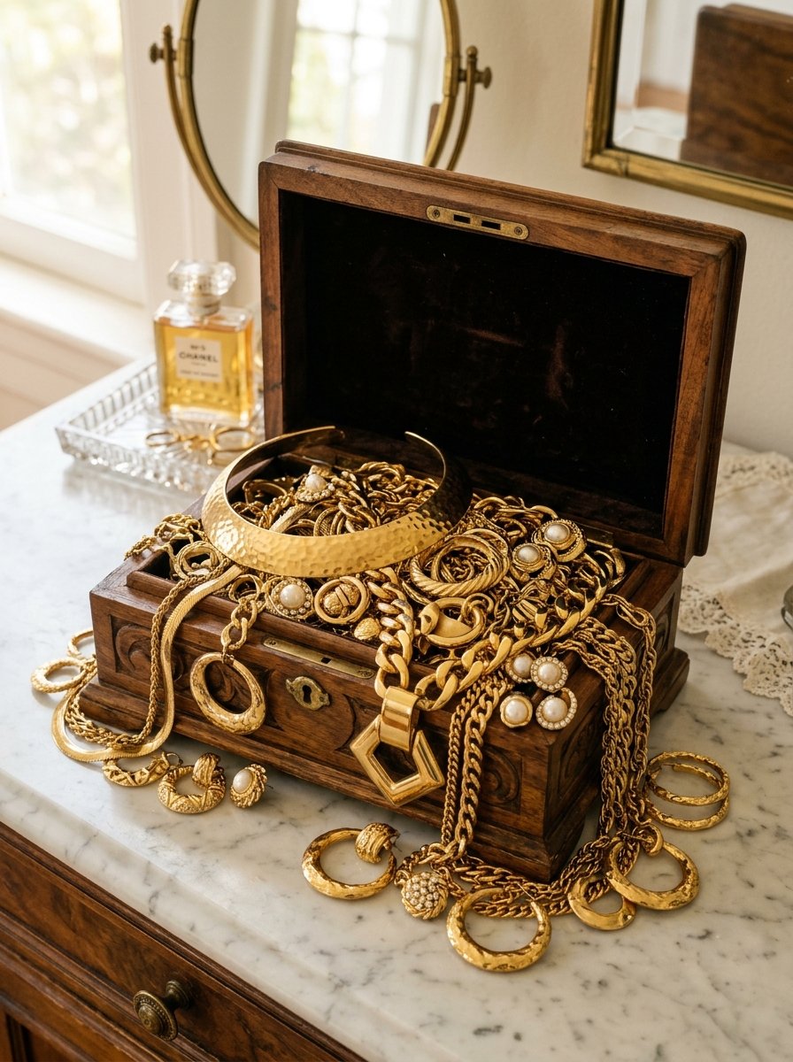 An antique wooden box filled with a collection of vintage gold necklaces, chains, and pearl-accented earrings.