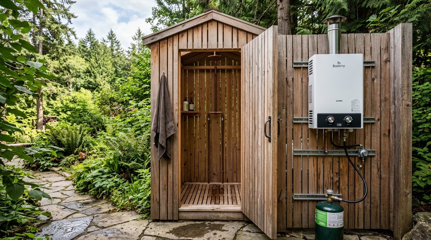An outdoor shower stall made of vertical cedar slats featuring a gas water heater and propane tank on the exterior.
