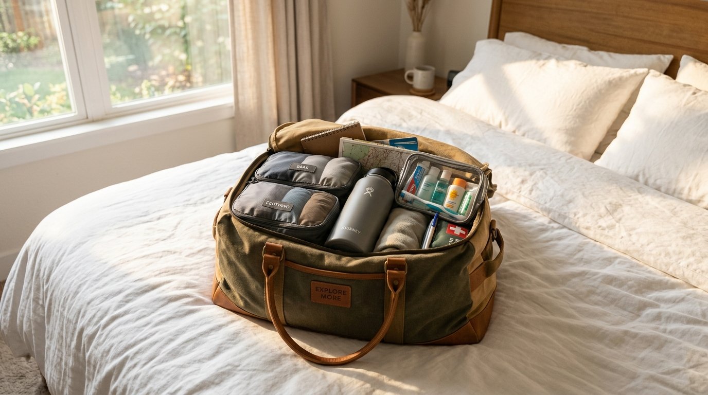A packed olive green travel duffel with packing cubes, water bottle, and toiletries on a white bed.