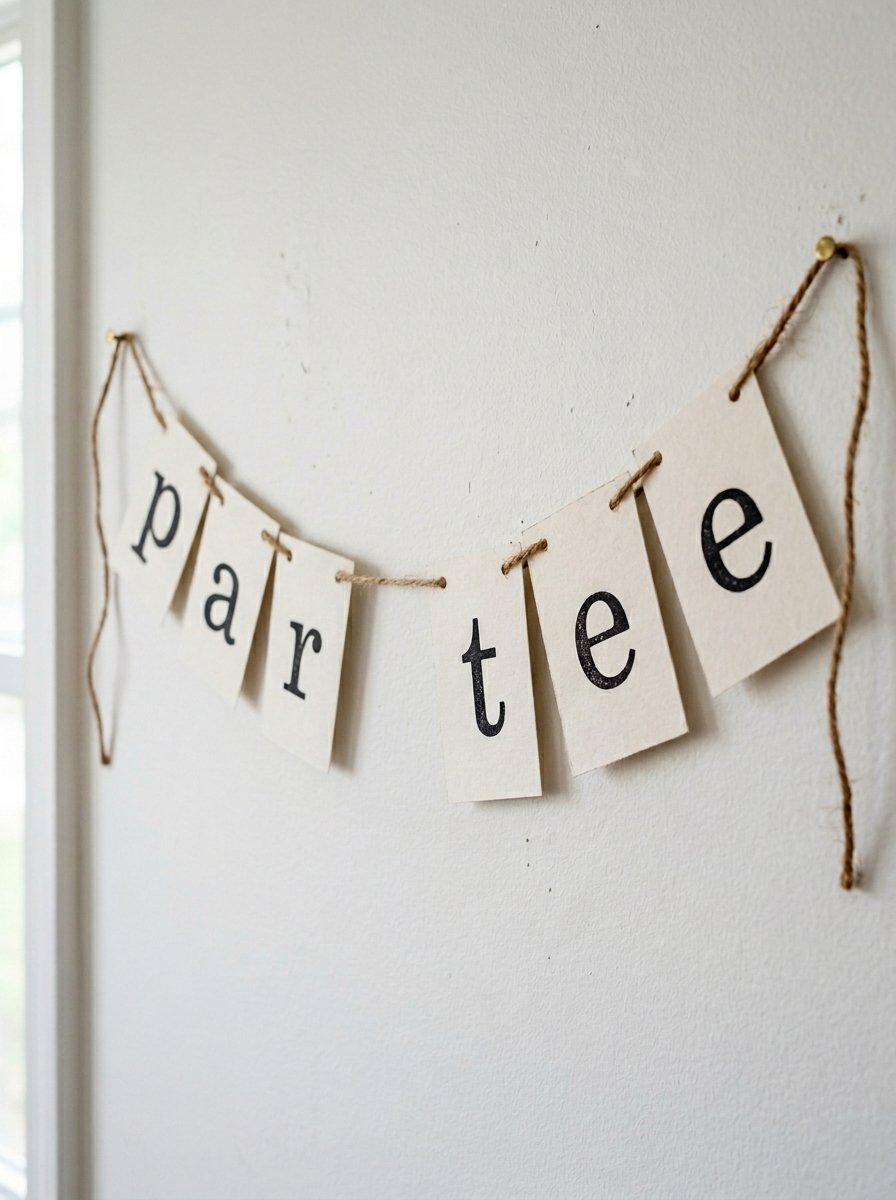 Decorative cardstock banner with black letters spelling par tee hung by twine on a white wall.