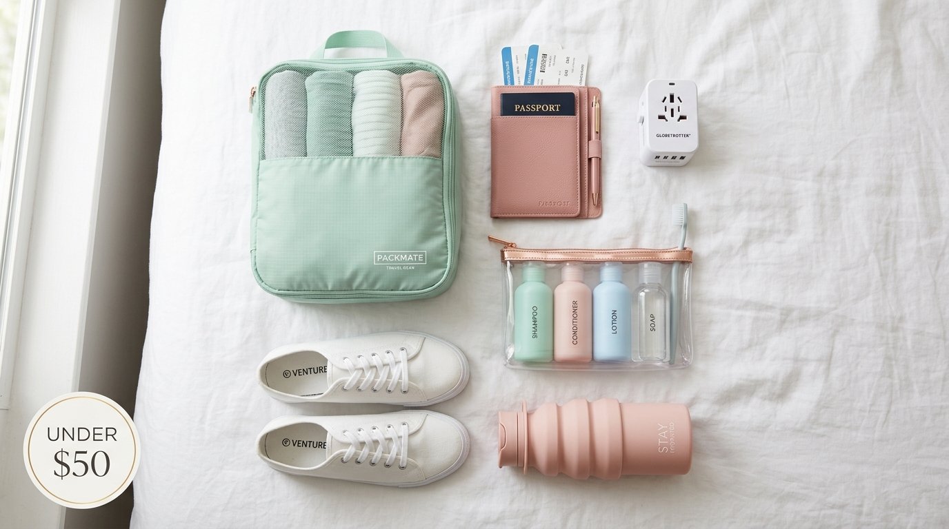 Travel packing kit with mint organizer, pink passport holder, toiletry bottles, white sneakers, and a water bottle.