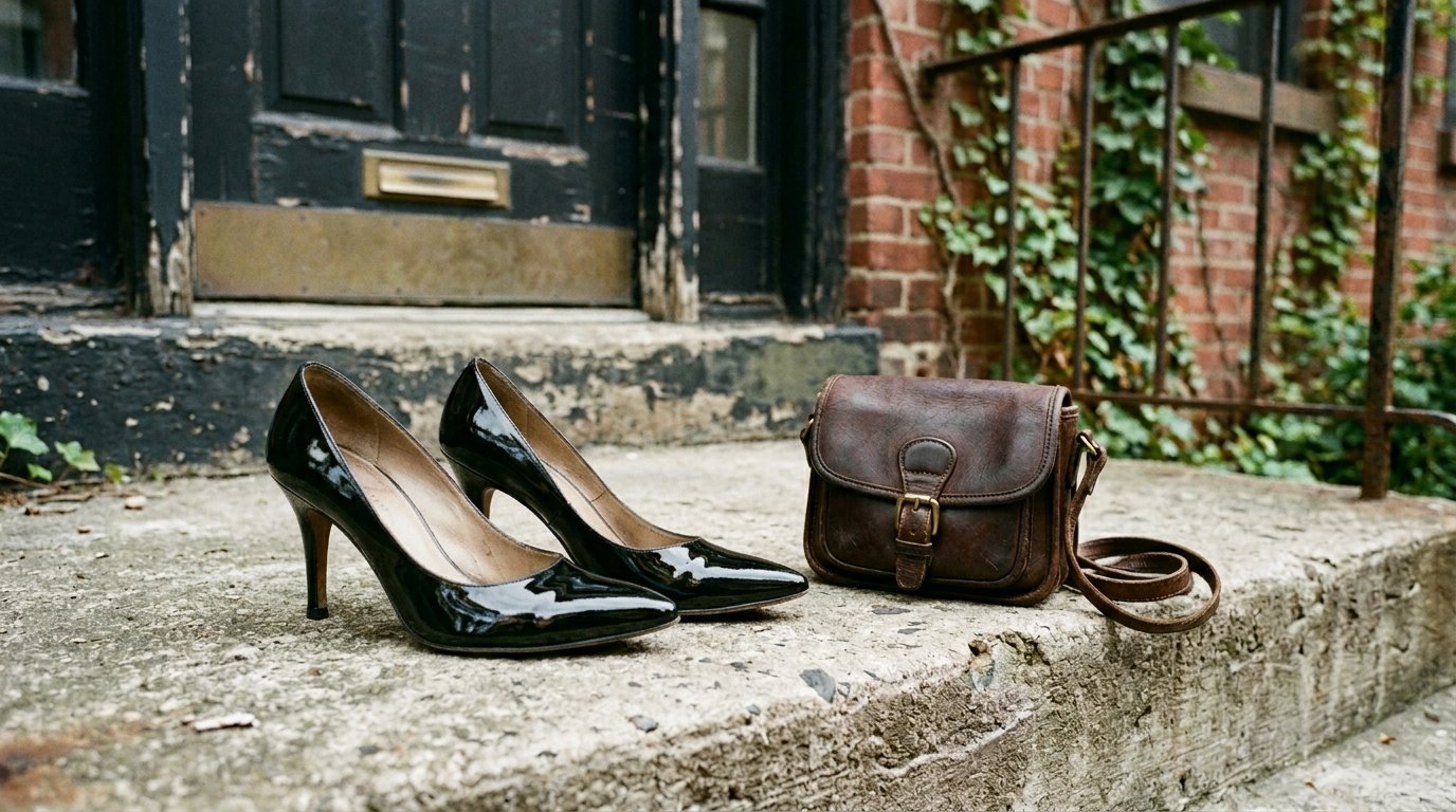 A pair of shiny black patent pumps next to a worn brown leather crossbody bag resting on a concrete stoop.