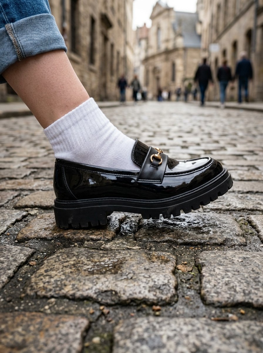 Close-up of a person wearing black patent lug-sole loafers and white socks walking on an old stone pathway.