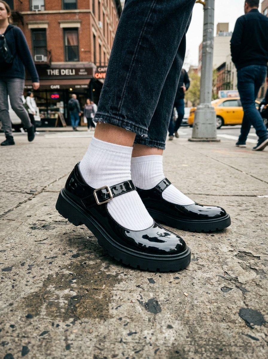 Close-up of patent leather Mary Jane shoes and white ribbed socks standing on a concrete urban sidewalk.