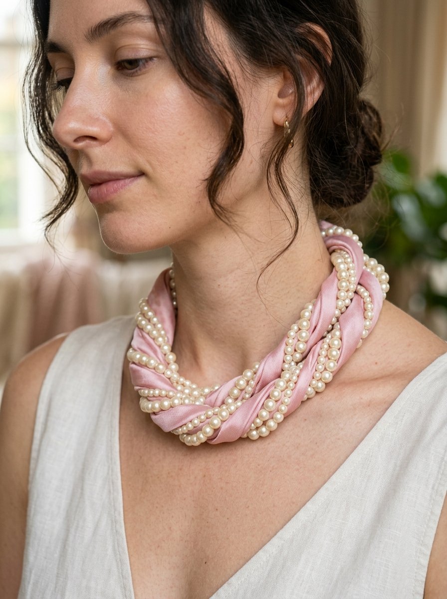 Close up of a woman wearing a multi-strand necklace made of intertwined white pearls and soft pink fabric.