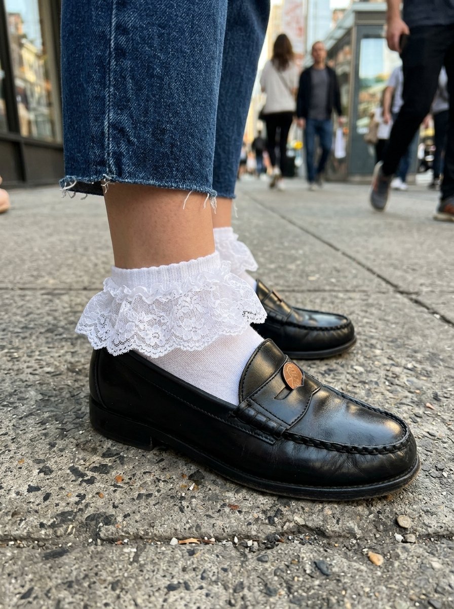 Close-up of a person wearing black leather penny loafers with frilly white lace ankle socks on a city sidewalk.
