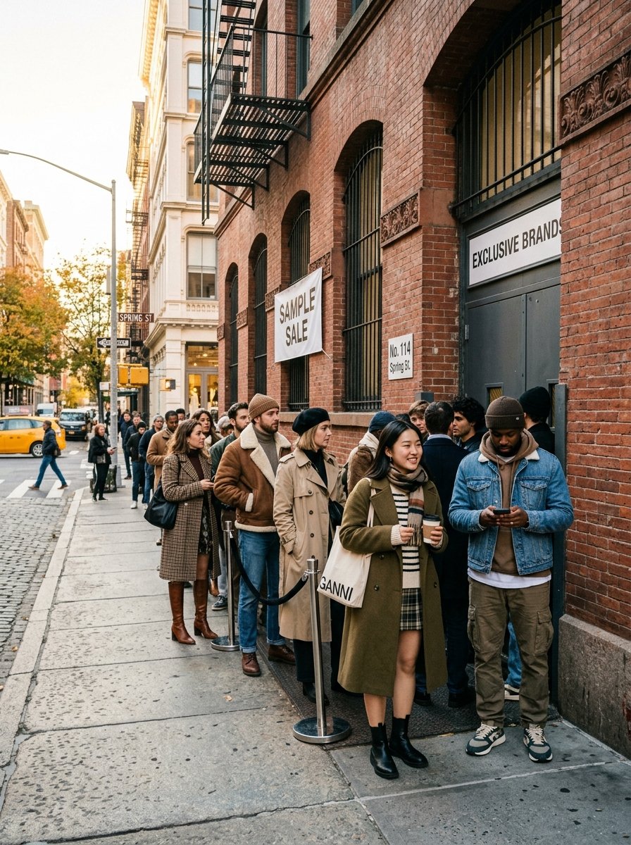 A diverse crowd of stylish people standing in a queue on a New York City sidewalk in front of a brick building.