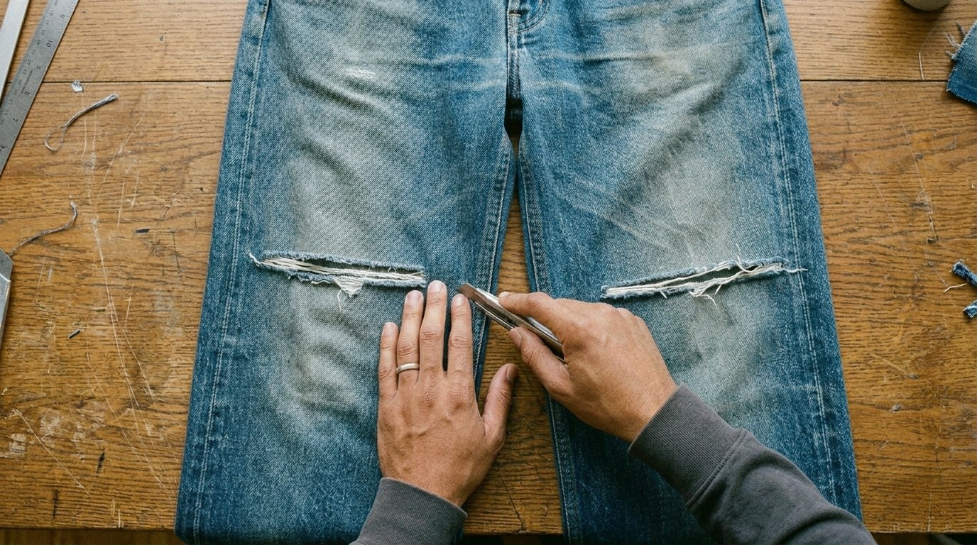 Close-up of hands using a box cutter to create intentional rips in blue jeans on a wooden workbench.