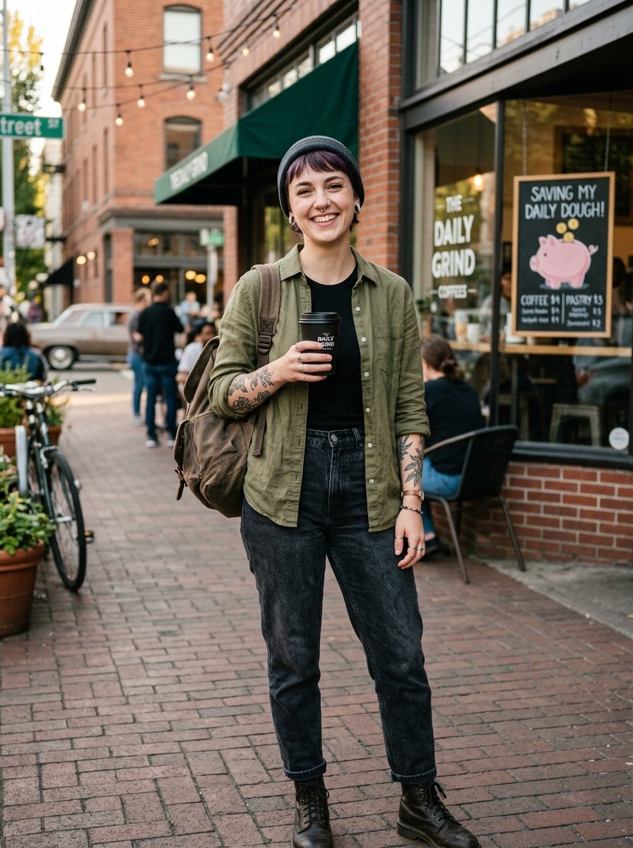 Young person with purple hair, olive shirt, and backpack standing on a city sidewalk holding a coffee cup.
