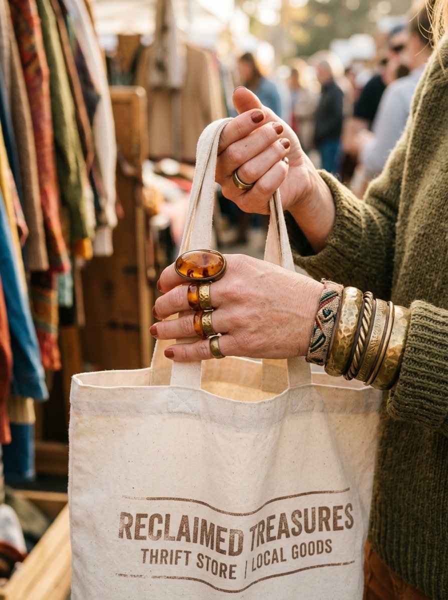 Close-up of a person with rings and bracelets holding a white canvas shopping bag at an outdoor market.