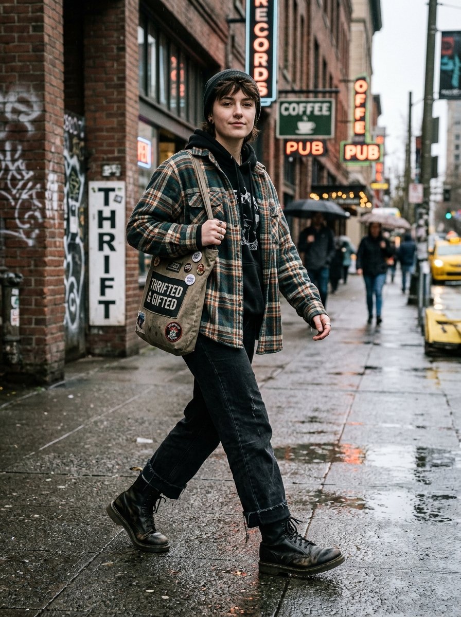Young adult wearing a plaid flannel, beanie, and a thrifted tote bag walking down a wet urban sidewalk.