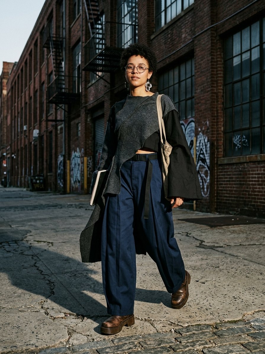 Person with curly hair and glasses wears an asymmetrical gray top, navy wide-leg pants, and platform shoes.