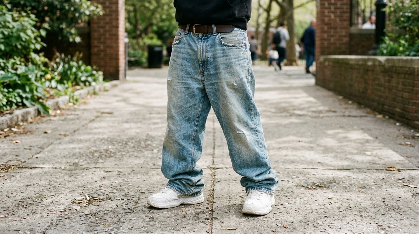Lower body shot of an individual in baggy, light-wash distressed jeans and chunky white sneakers.