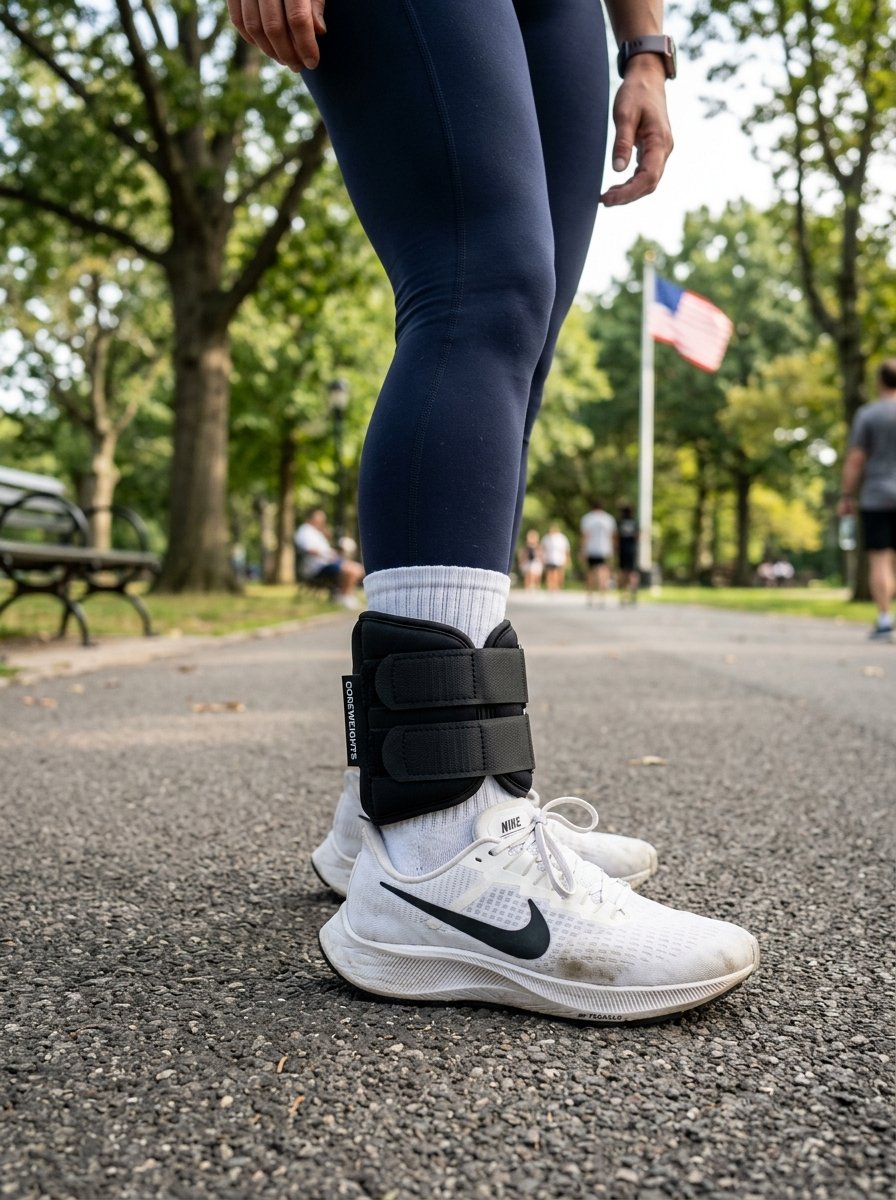 Side view of a person in leggings and white Nike sneakers wearing an adjustable black ankle weight in a park.