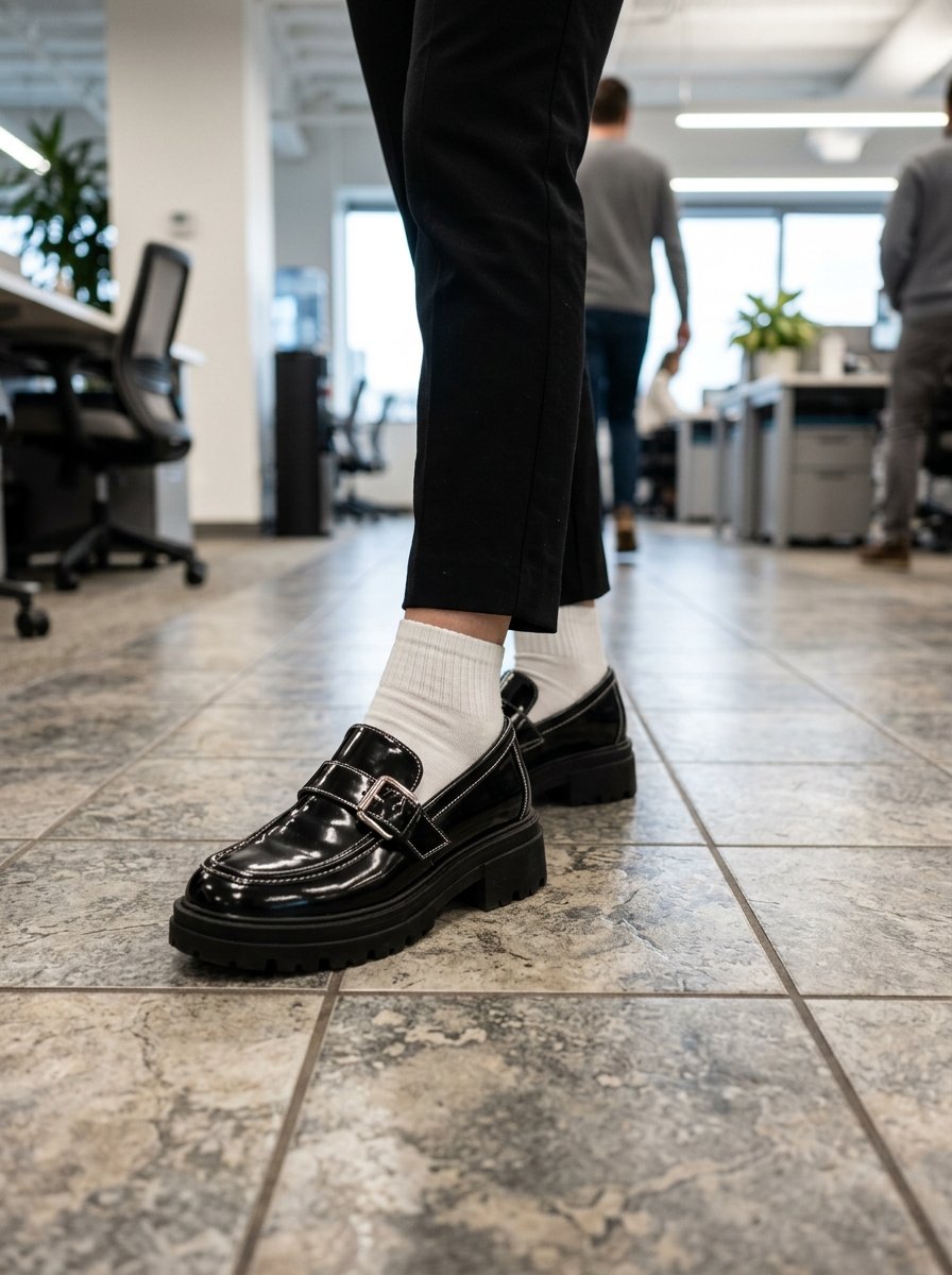 Close-up of a person wearing black patent leather loafers with white socks standing on office tile flooring.