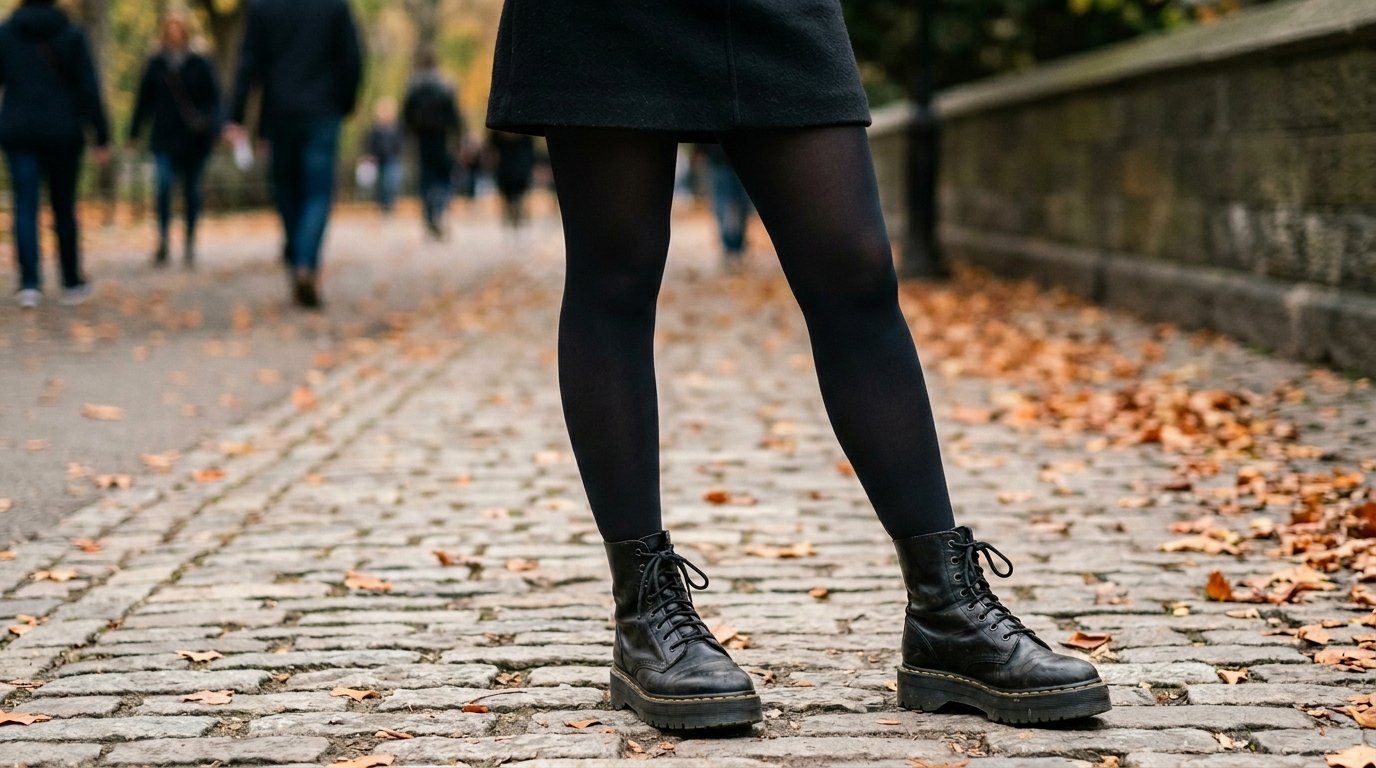 Close-up of a person in a black skirt and tights wearing lace-up leather boots standing on a stone path.