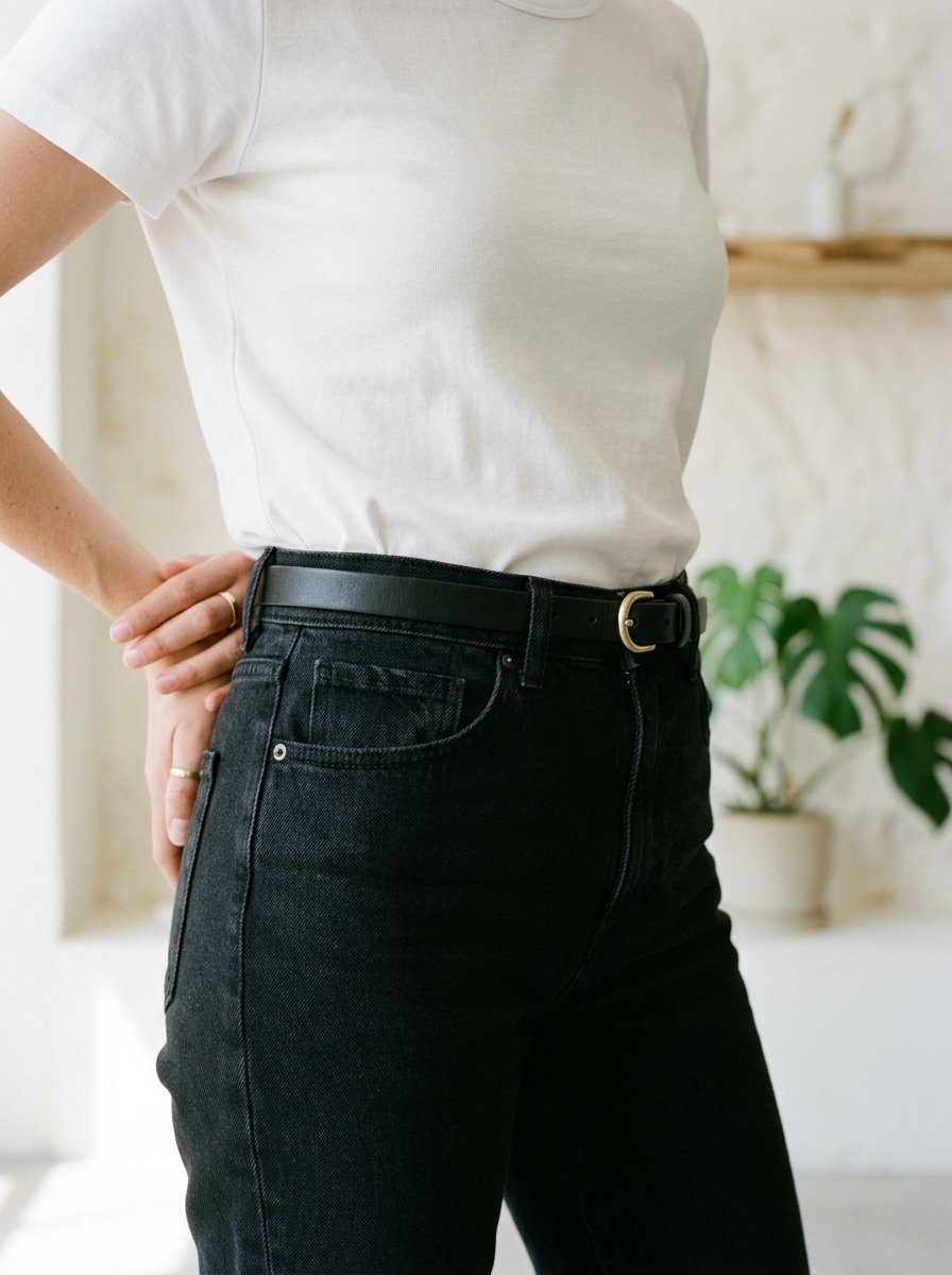 Close-up of a person wearing a white shirt tucked into dark jeans with a slim black leather belt and gold buckle.