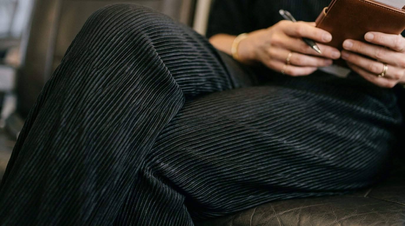 Close-up of a person in textured black trousers holding a small brown notebook and pen.