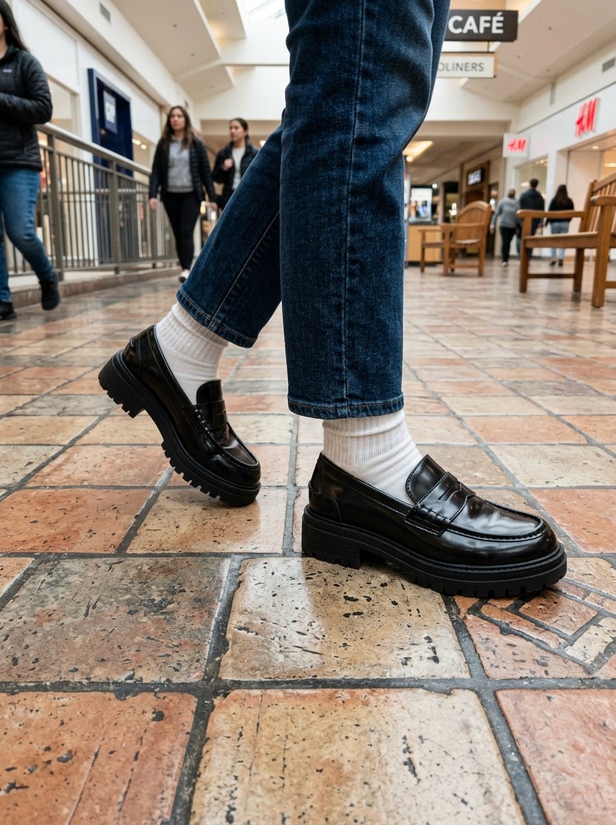 Close-up of a person wearing dark denim jeans, white socks, and chunky black leather loafers in a shopping mall.