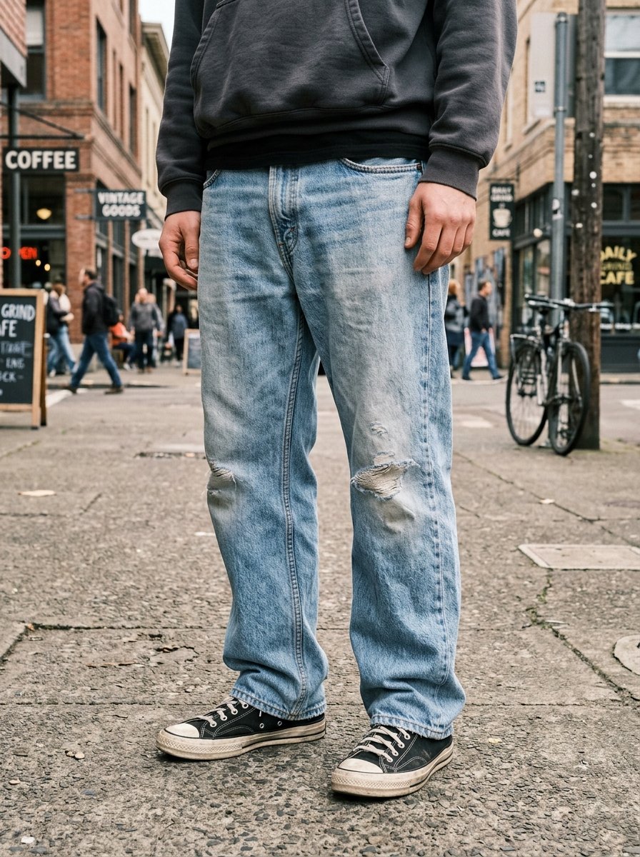 Close up of a person in light wash ripped denim jeans and black sneakers standing on a paved sidewalk.