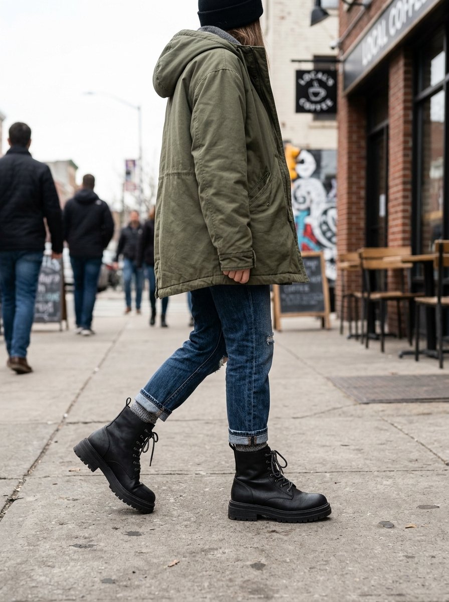 Close-up of a person wearing cuffed blue jeans and black leather lace-up combat boots walking on a city street.