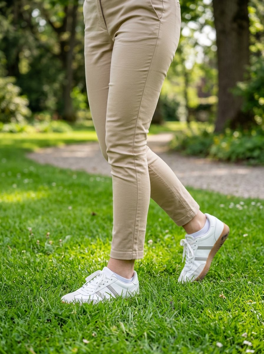 Close-up of legs wearing beige fitted pants and white lace-up athletic shoes walking on green grass.