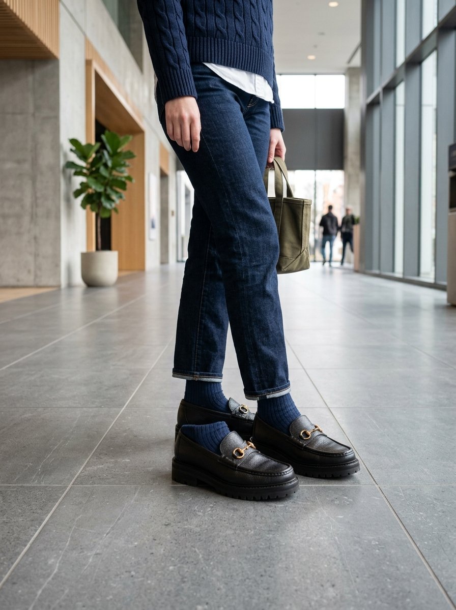 Close up of a woman in dark blue jeans and ribbed socks wearing black leather lug sole loafers with gold hardware.