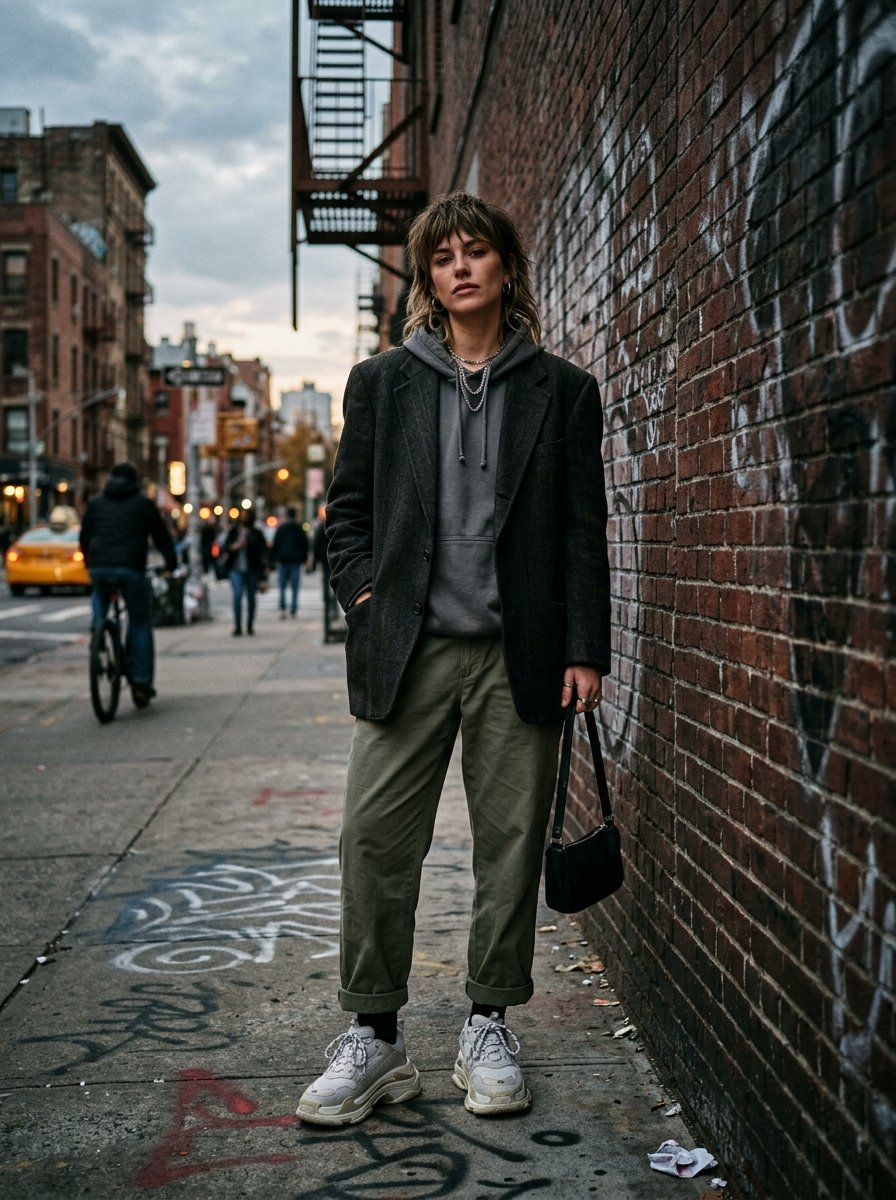 Person with a shag haircut wears a blazer over a grey hoodie and olive pants on an urban sidewalk.