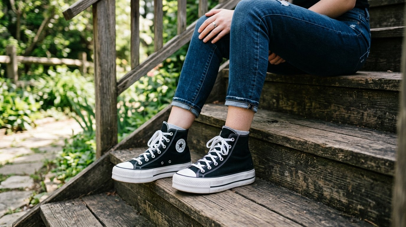 Close up of legs in blue cuffed jeans and black lace-up platform shoes resting on rustic wooden stairs.