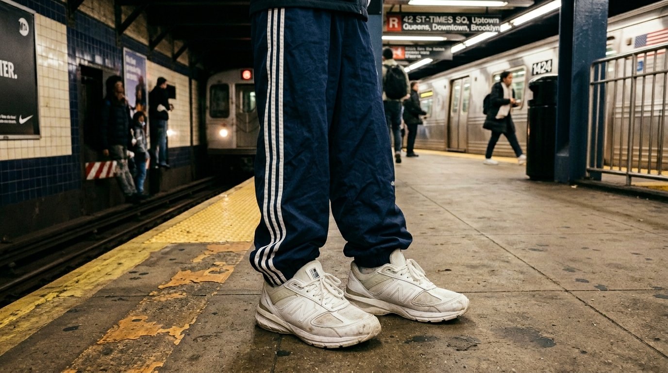 Close-up view of a person standing on a subway platform wearing navy blue athletic pants and white sneakers.