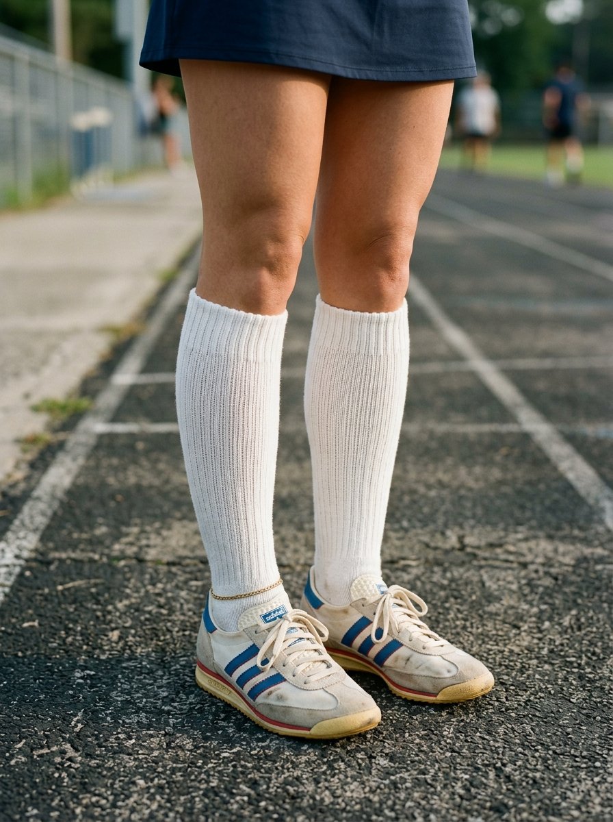 Close up of a runner wearing knee-high ribbed socks and worn-in vintage Adidas trainers on a track.