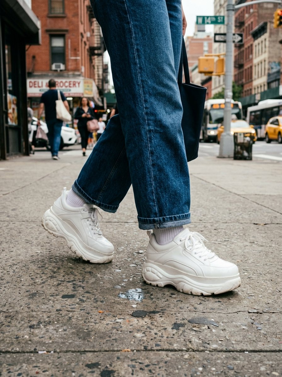 Close up of a person's legs in blue jeans and white platform sneakers walking on a concrete NYC street.