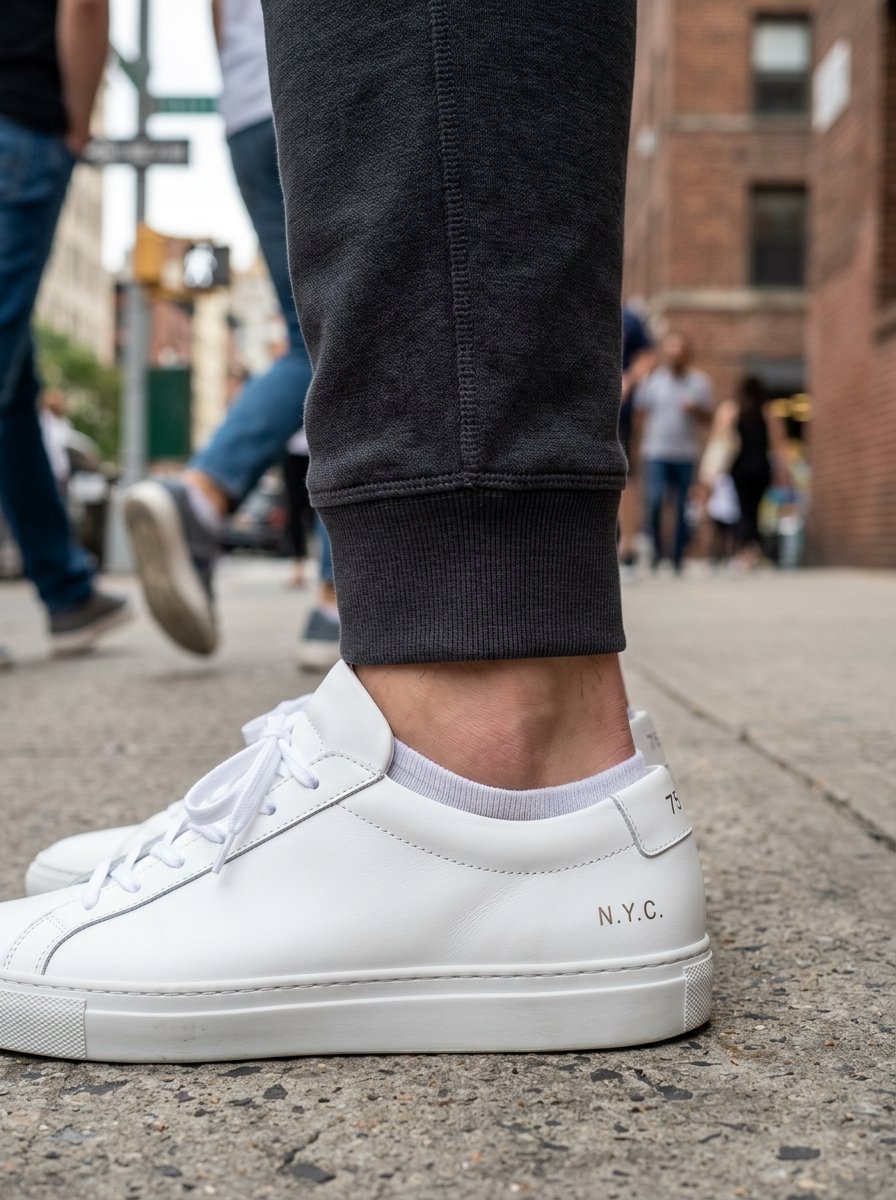 Close-up of a person's foot wearing a white sneaker with N.Y.C. text, walking on a city sidewalk.