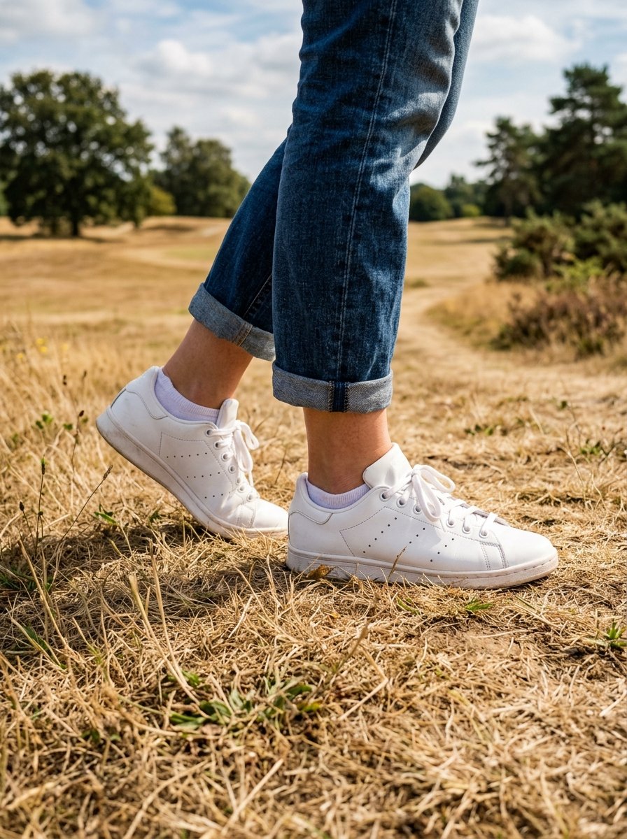 Close up of a person's legs wearing cuffed blue jeans and white tennis shoes on dry grass.