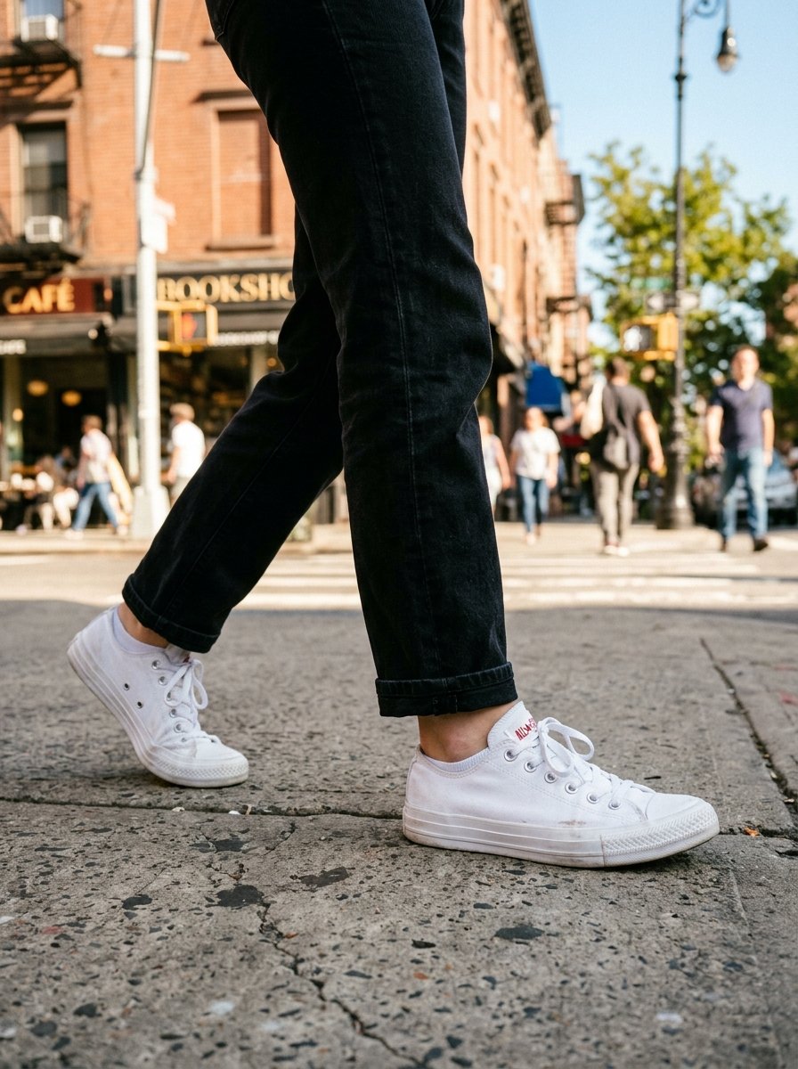 Close-up of a person wearing black jeans and white low-top canvas sneakers walking down a paved urban street.
