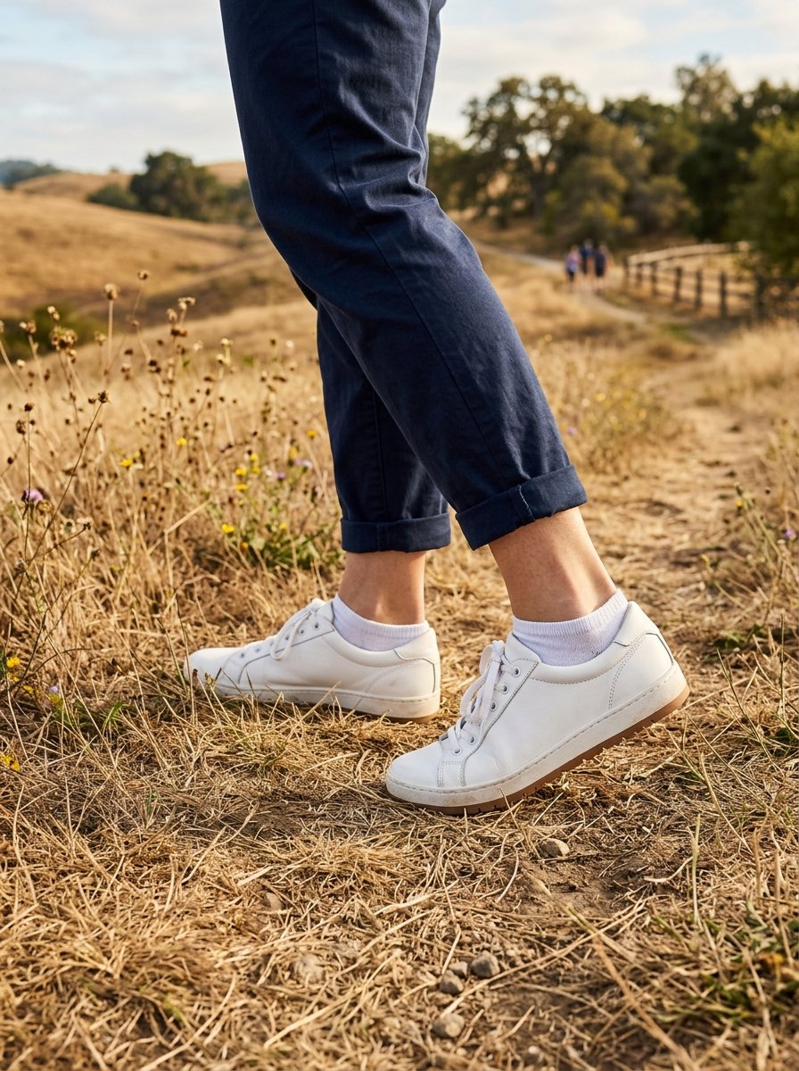 Close up of a person wearing navy trousers and clean white athletic shoes while walking on a sunlit dirt trail.