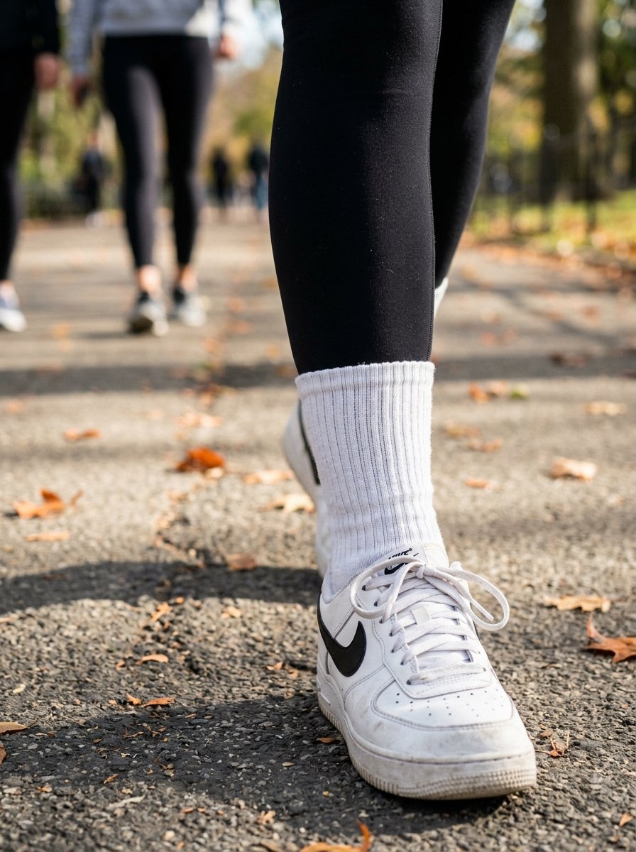 Close-up of a person wearing white tennis shoes and white socks walking along a path covered in fallen autumn leaves.