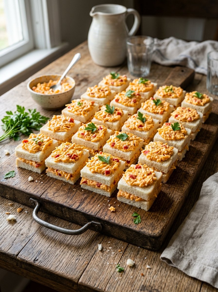 Rows of small square sandwiches filled with orange pimento cheese on a rustic wooden serving board.