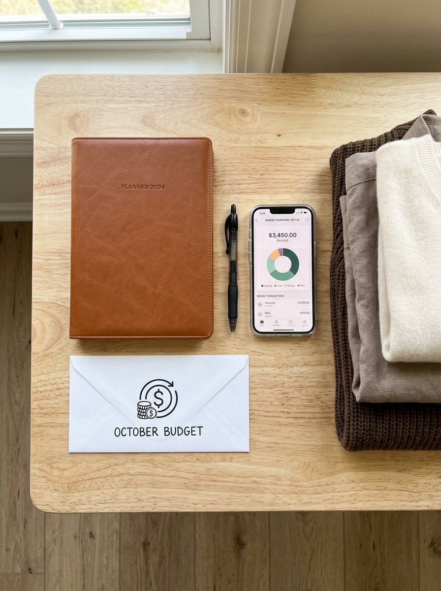 A brown leather 2024 planner, a black pen, and an October budget envelope laid out on a wooden table beside folded sweaters.
