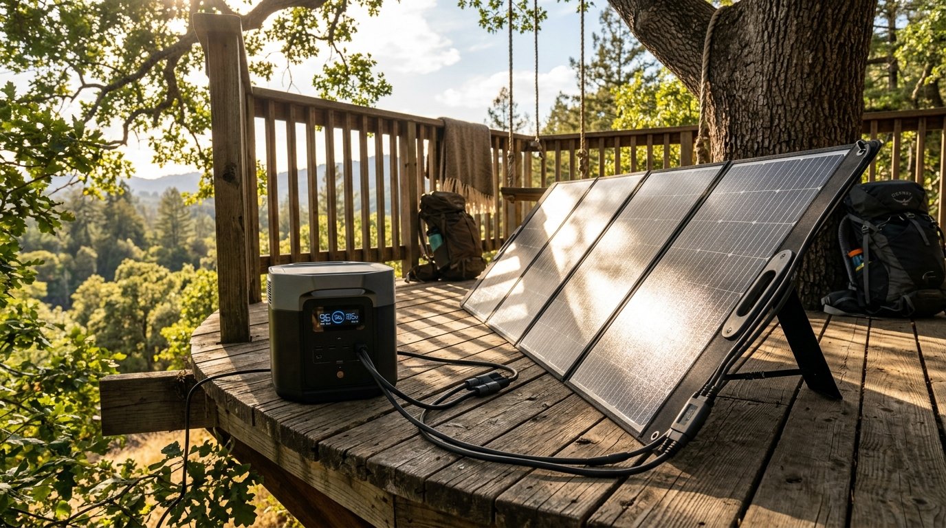 Foldable solar panels connected to a portable battery station sitting on a wooden forest deck.