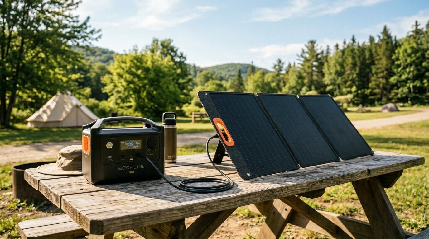 A black portable power bank connected to a three-panel solar charger on a wooden outdoor table.