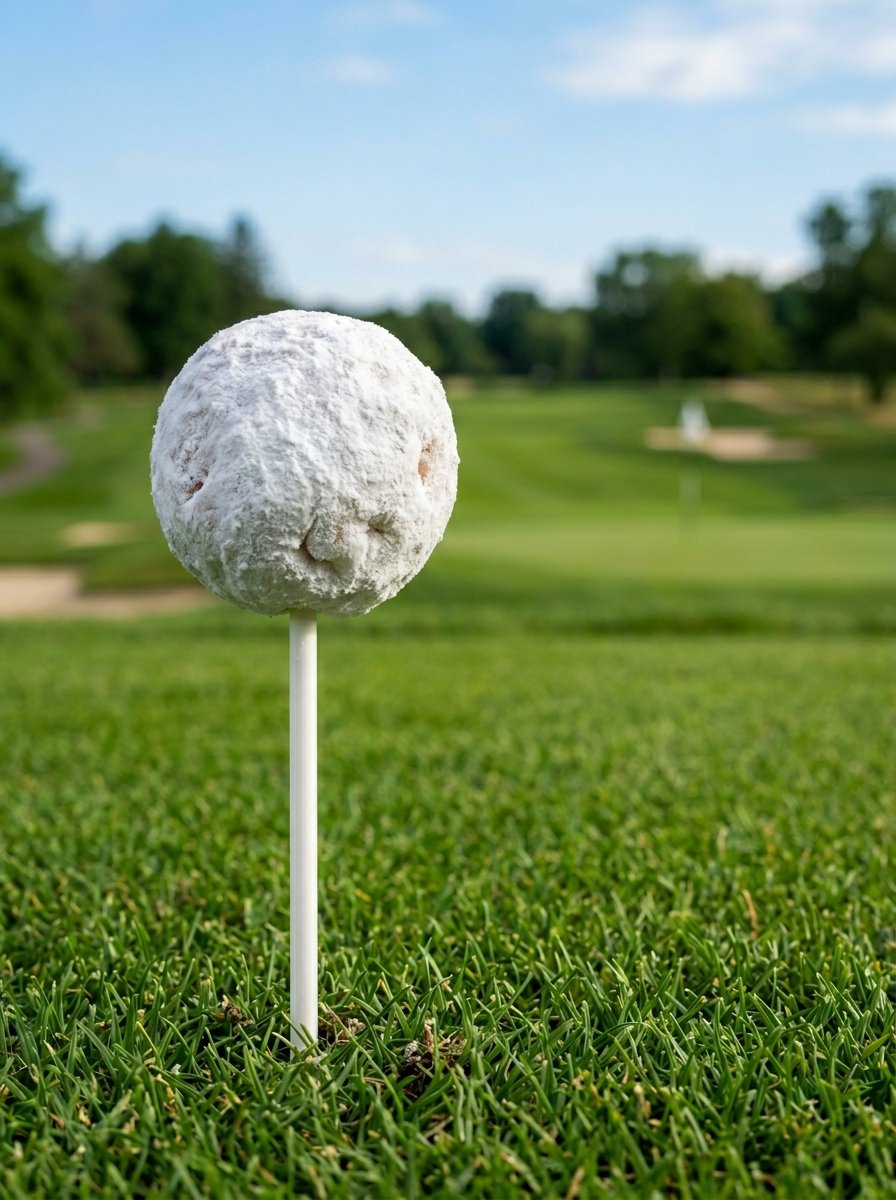 A round donut hole covered in powdered sugar sitting on a white plastic tee in the middle of a putting green.