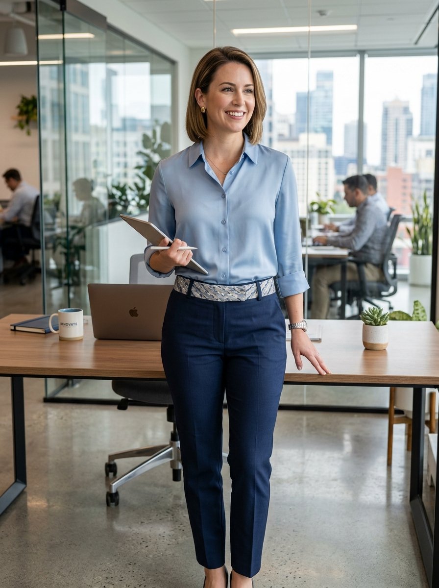 Smiling woman in a light blue shirt and dark trousers standing by a wooden desk in a glass-walled office.