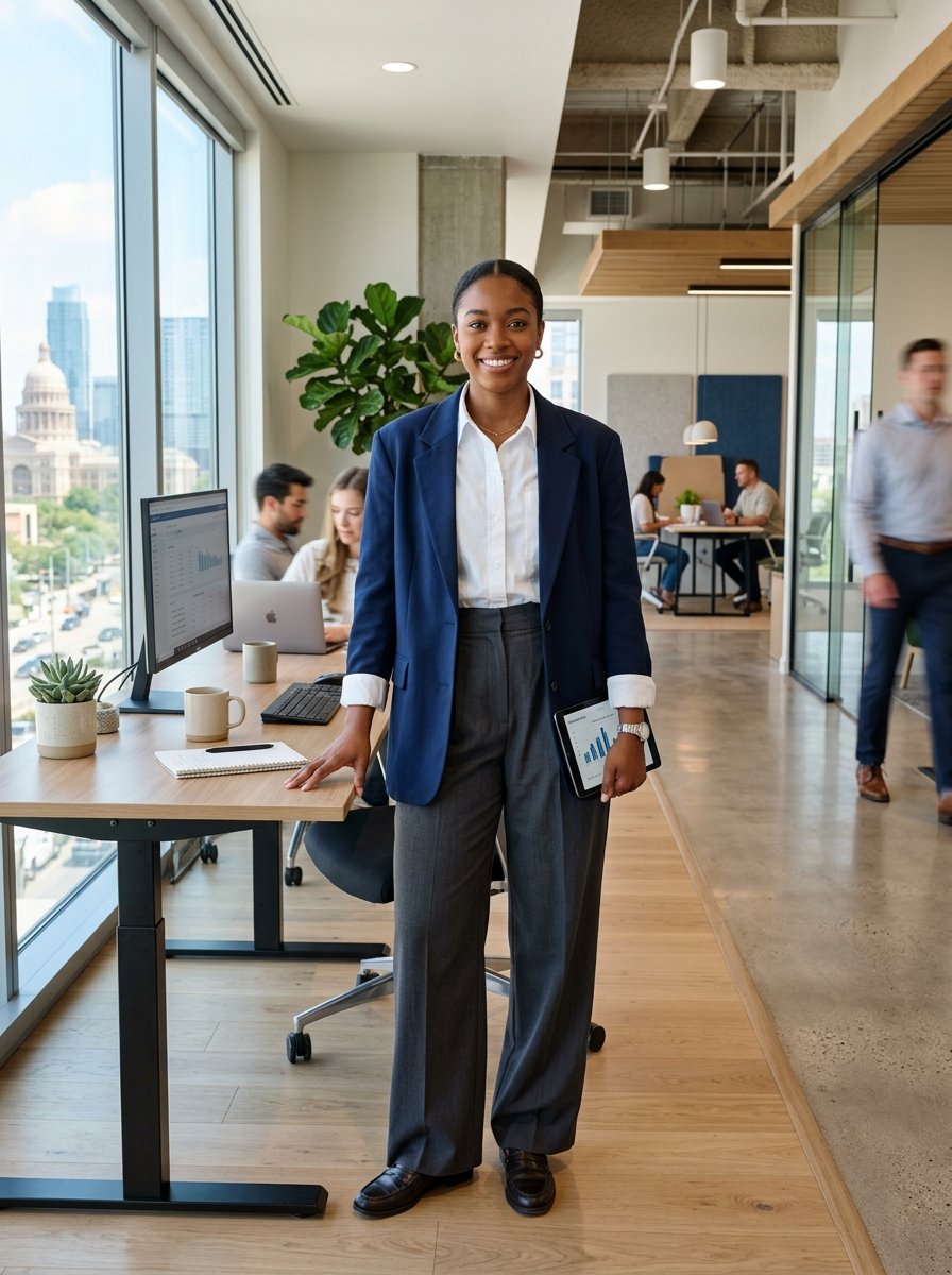 A woman in a navy blazer standing at a standing desk in an office with colleagues working in the background.