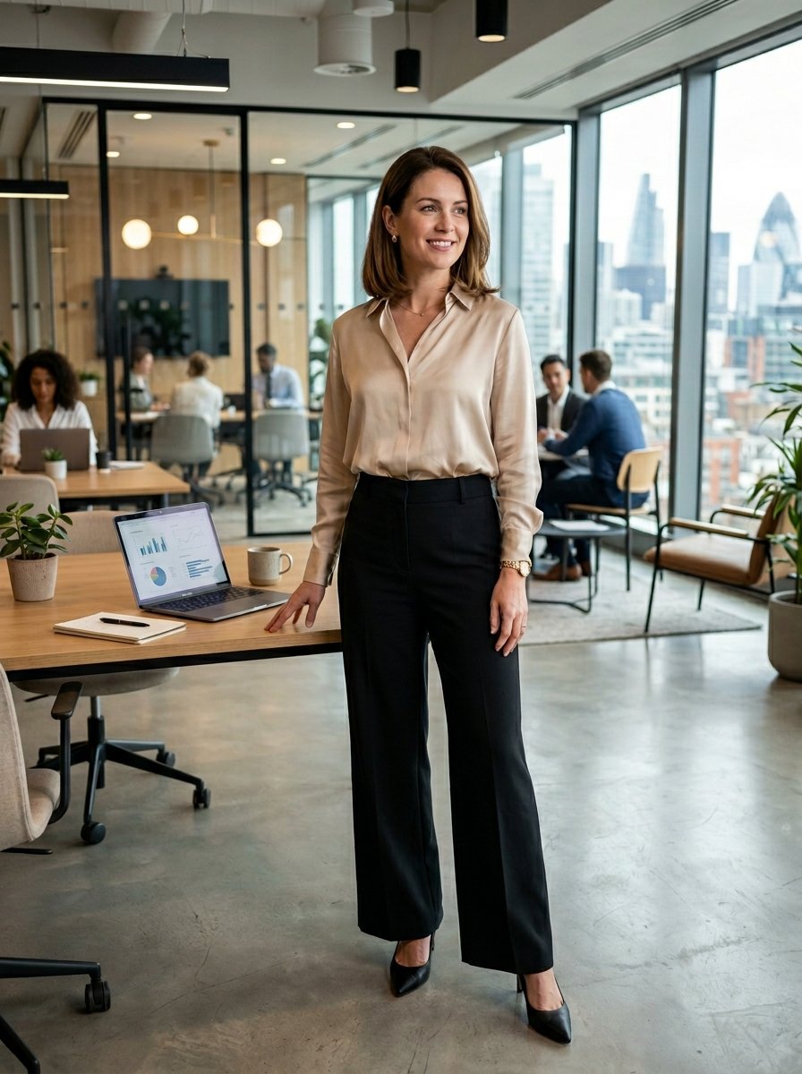 Professional woman in silk blouse and trousers posing in a sunlit office with a laptop on her desk.